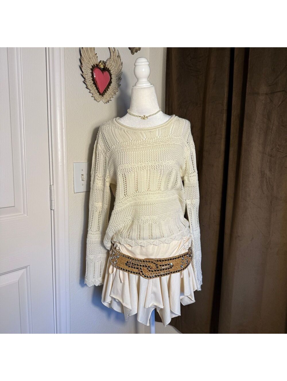 Jessica Simpson Ivory Crochet Knit Sweater Scalloped Hem Boho Cottagecore M